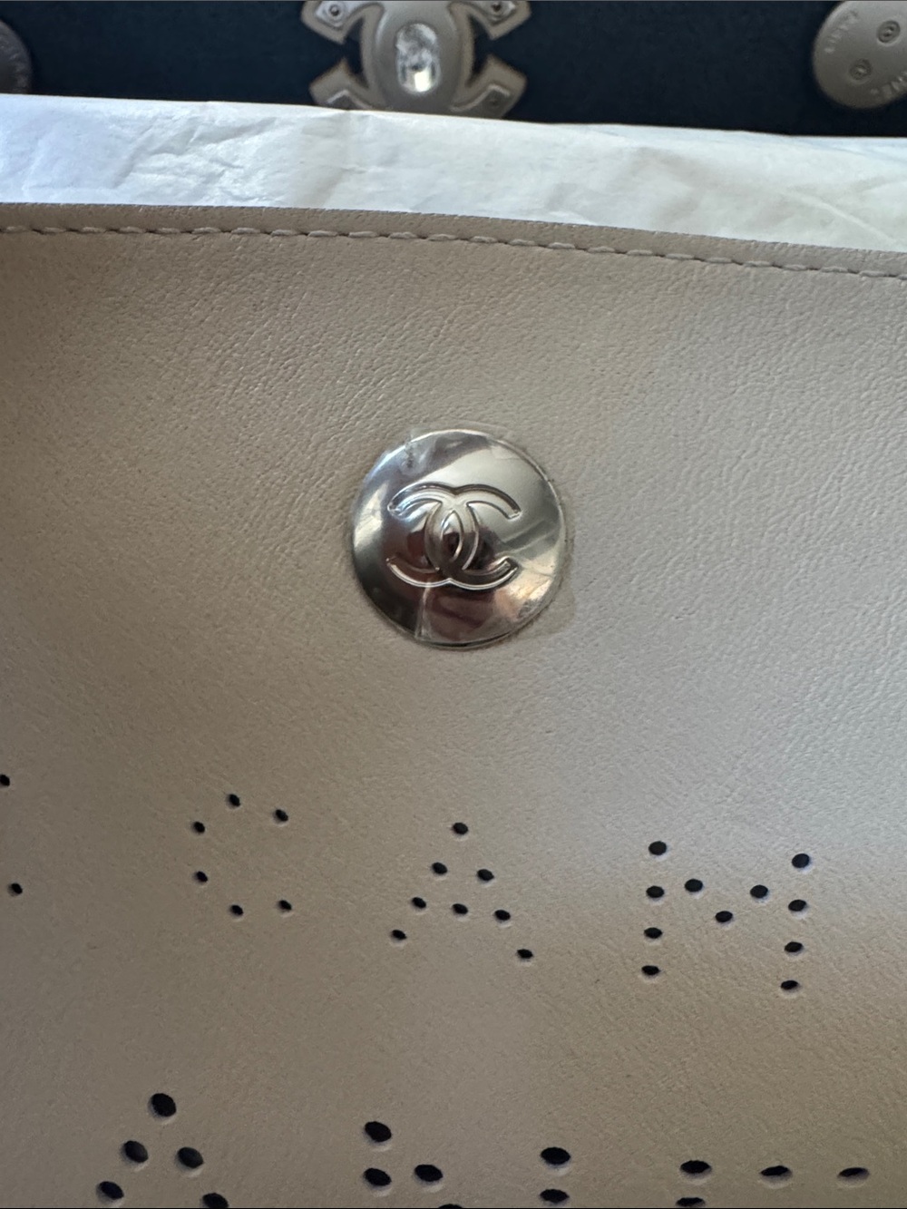NWT CHANEL 2019 Beige Calfskin Perforated Logo Tote with Silver-Tone Hardware - Picture 8 of 17